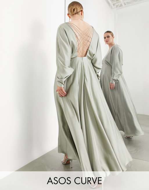 ASOS DESIGN Curve Bridesmaid – Szałwiowa satynowa sukienka maxi z paseczkami na plecach