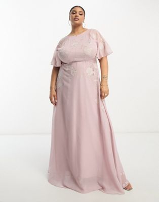 ASOS DESIGN Curve Bridesmaid angel sleeve maxi dress with floral applique in rose