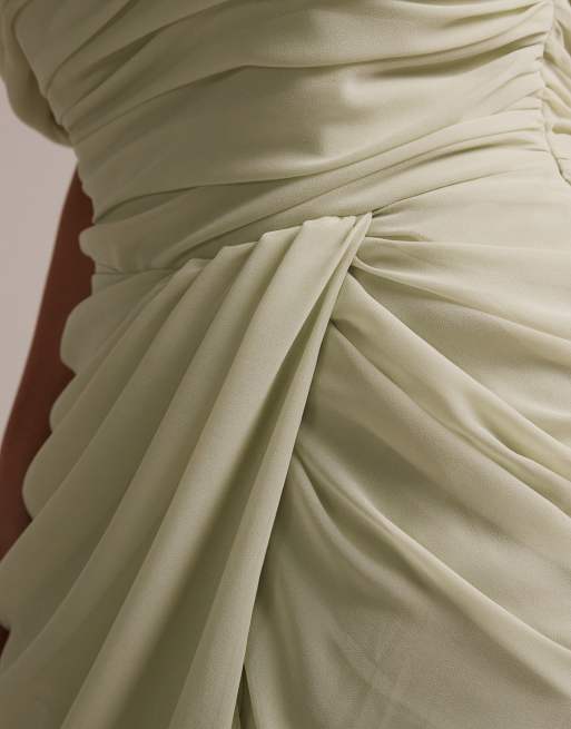ASOS DESIGN Curve bridesmaids Chiffon draped one shoulder neckline with fixed wrap skirt in sage green, 3 of 5