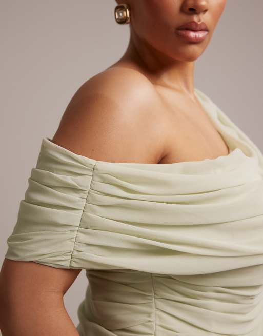 ASOS DESIGN Curve bridesmaids Chiffon draped one shoulder neckline with fixed wrap skirt in sage green, 4 of 5