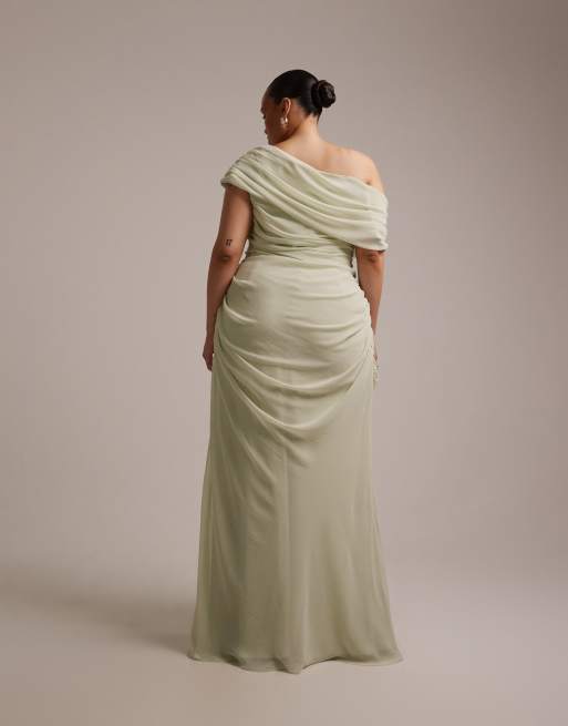 ASOS DESIGN Curve bridesmaids Chiffon draped one shoulder neckline with fixed wrap skirt in sage green, 5 of 5