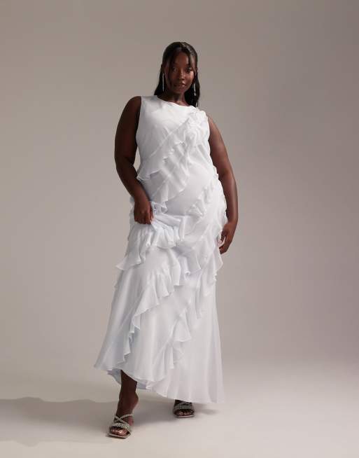 ASOS DESIGN Curve Bridesmaids – Cięta ze skosu jasnoniebieska sukienka maxi o fasonie bokserki z falbankami