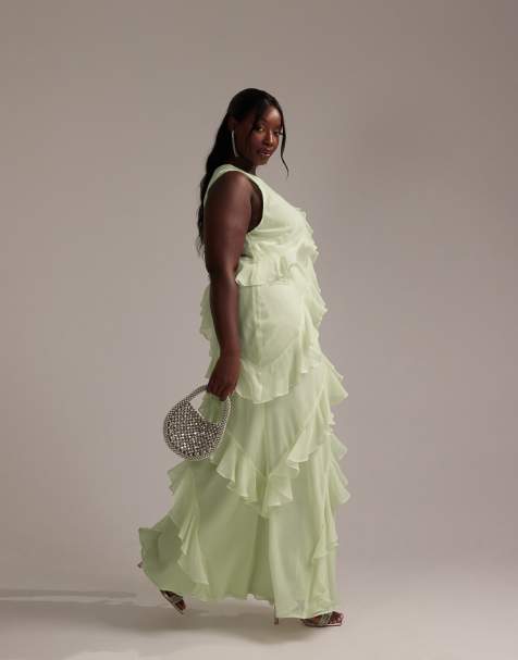 ASOS DESIGN Curve Bridesmaids racer neck bias ruffle maxi dress in light green