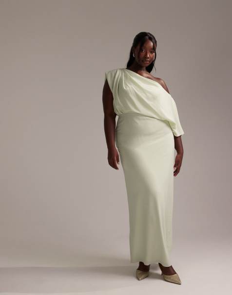 ASOS DESIGN Curve Bridesmaids crepe one shoulder draped maxi dress in light green - view 1