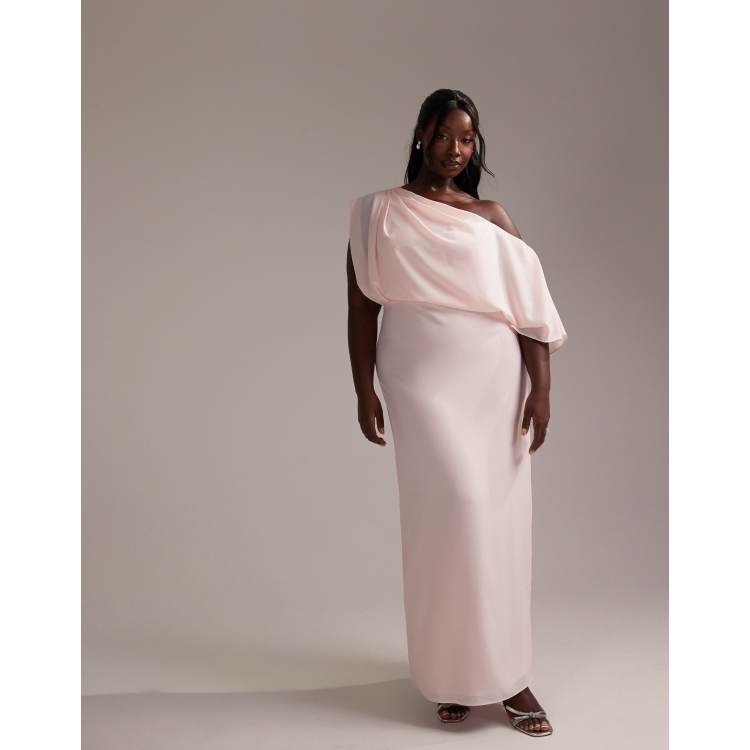 ASOS DESIGN Curve Bridesmaids crepe one shoulder draped maxi dress in soft  pink | ASOS