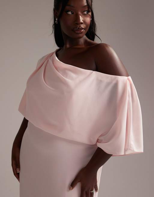 ASOS DESIGN Curve Bridesmaids crepe one shoulder draped maxi dress in soft pink
