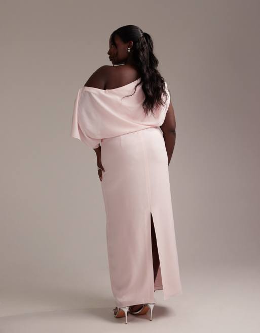 ASOS DESIGN Curve Bridesmaids crepe one shoulder draped maxi dress in soft pink