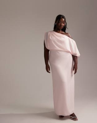 ASOS DESIGN Curve - Bridesmaids - Drapiertes Brautjungfern-Maxikleid aus Krepp in sanftem Rosa mit One-Shoulder-Träger