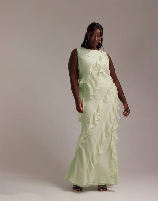 ASOS DESIGN Curve Bridesmaids racer neck bias cut ruffle maxi dress in light green