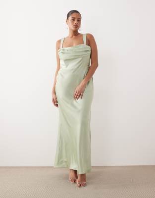 Asos Curve Asos Design Curve Bridesmaids Satin Draped Bust Maxi Dress With Column Skirt In Green
