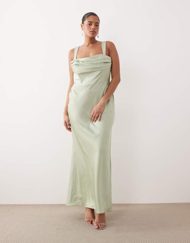 ASOS DESIGN Curve bridesmaids satin draped bust maxi dress with column skirt in sage green