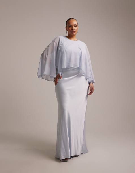ASOS DESIGN Curve bridesmaids sheer chiffon cape overlay with bias cut satin dress in blue