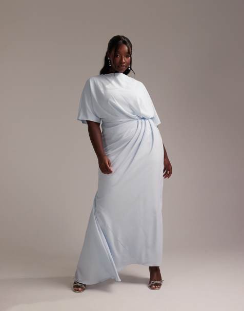 ASOS DESIGN Curve Bridesmaids slash neck crepe t-shirt sleeve minimal drape maxi dress in light blue - view 1