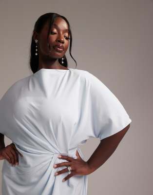 Asos Curve Asos Design Curve Bridesmaids Slash Neck Crepe T-shirt Sleeve Minimal Drape Maxi Dress In Blue