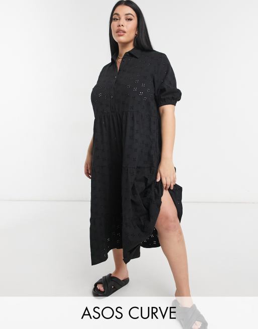 ASOS DESIGN Curve - Broderet sort midi skjortekjole med bindebånd og korte ærmer