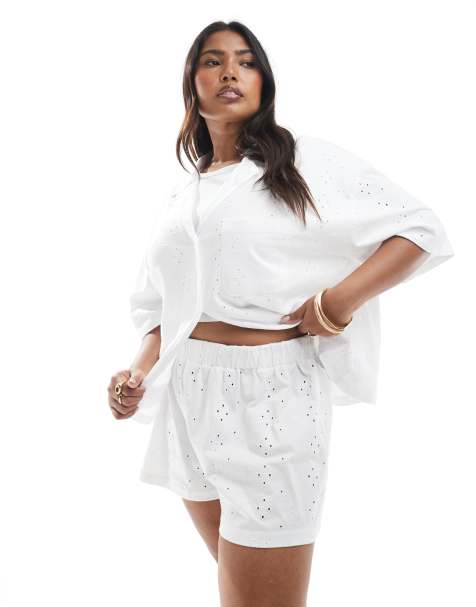 ASOS DESIGN curve broderie co-ord in white - WHITE - view 1
