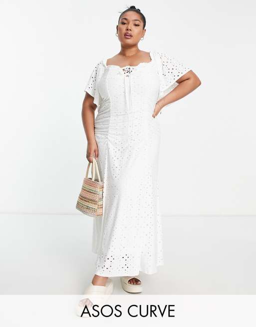 ASOS DESIGN Curve broderie flutter sleeve ruched front midi dress in