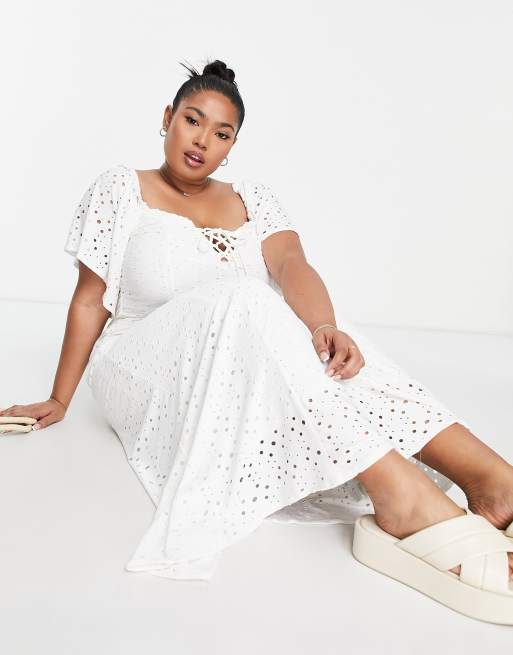 ASOS DESIGN Curve broderie flutter sleeve ruched front midi dress in white