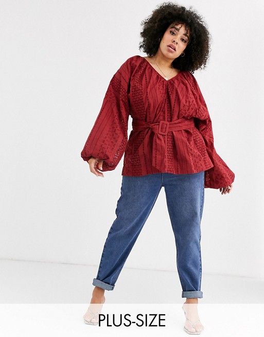 ASOS DESIGN Curve broderie kimono sleeve top with belt detail