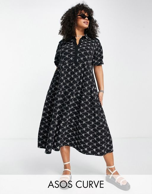 ASOS DESIGN Curve broderie midi tiered shirt dress with short sleeves ...