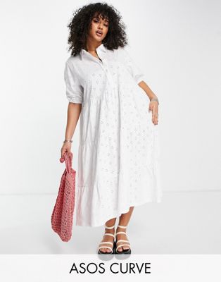 ASOS DESIGN Curve broderie midi tiered shirt dress with short sleeves in white