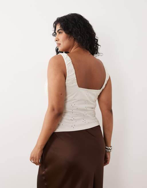ASOS DESIGN Curve broderie milkmaid top with gathered bust in cream, 4 of 4