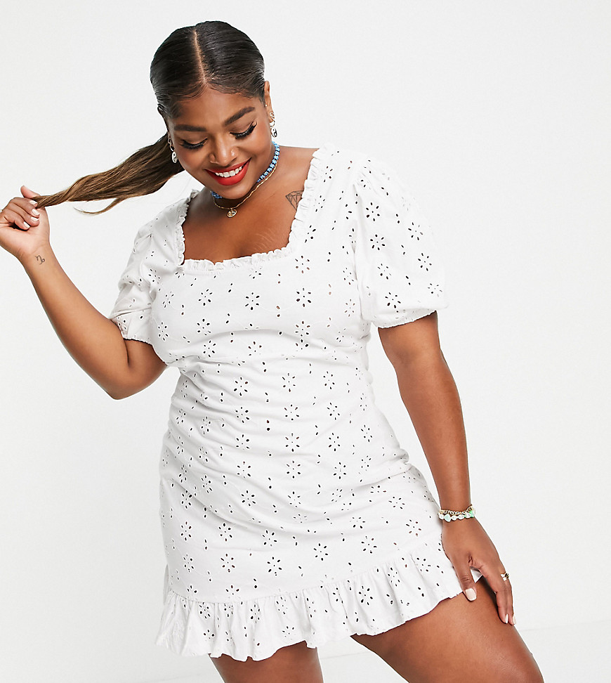 ASOS DESIGN Curve broderie mini dress with square neck and puff sleeves in white