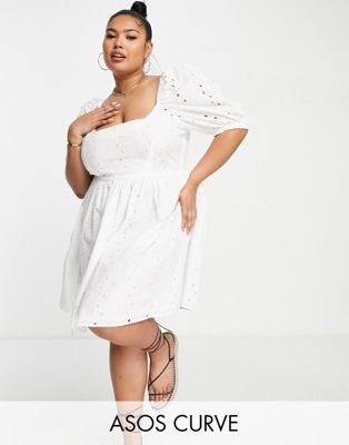 ASOS DESIGN Curve broderie mini smock dress with shirred back in white - ASOS Price Checker