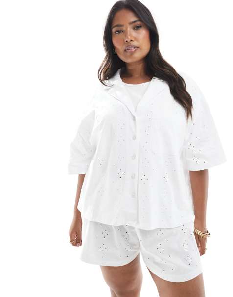 ASOS DESIGN curve broderie resort shirt co-ord in white - view 1