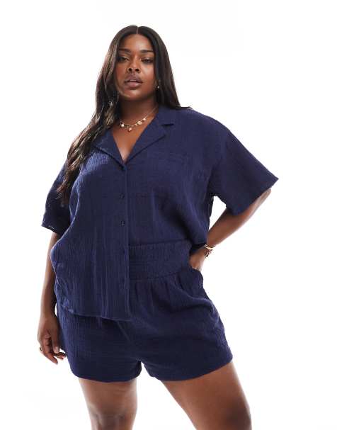 ASOS DESIGN Curve broderie shirred waist short set in navy - view 1
