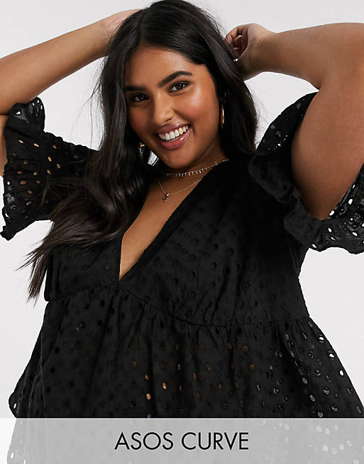 ASOS DESIGN Curve broderie smock top with fluted sleeve in black