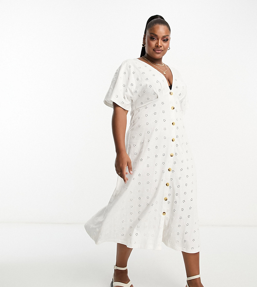 Asos Curve Asos Design Curve Broderie V Neck Midi Dress With Buttons In White
