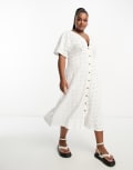 [ASOS Curve] ASOS DESIGN Curve broderie v neck midi dress with buttons in white 30 WHITE