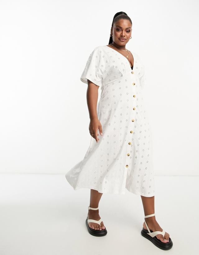 ASOS DESIGN Curve broderie v neck midi dress with buttons in white