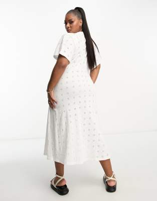 ASOS DESIGN Curve broderie v neck midi dress with buttons in white