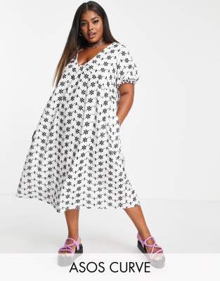 ASOS DESIGN Curve broderie V-neck midi dress with empire seam detail in black & white contrast