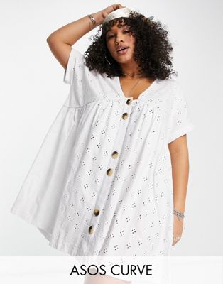 ASOS DESIGN Curve broderie v neck smock dress with large buttons in white - ASOS Price Checker