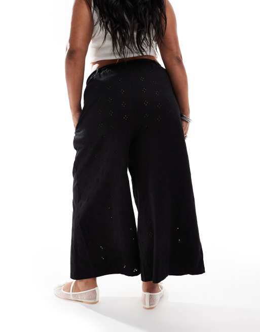 ASOS DESIGN Curve broderie wide leg trouser with tie belt in black, 4 of 5