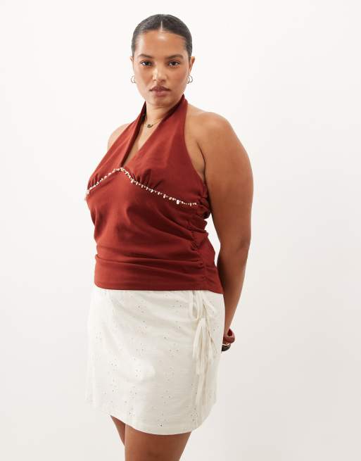 ASOS DESIGN Curve broderie wrap mini skort with lace trim in cream, 2 of 5