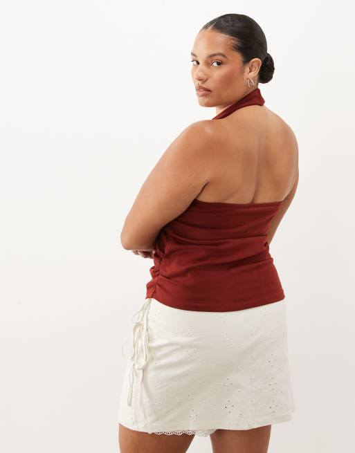 ASOS DESIGN Curve broderie wrap mini skort with lace trim in cream, 5 of 5