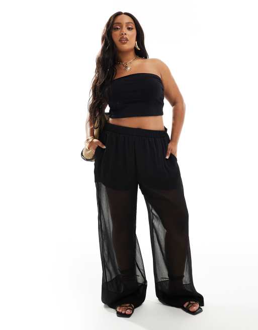 ASOS DESIGN Curve - Broek met elastische taille en doorschijnende bovenlaag in zwart 