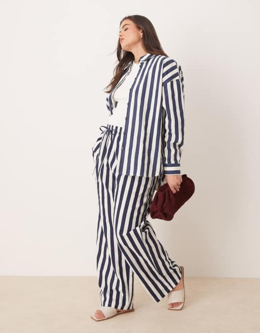 ASOS DESIGN Curve - Broek met linnen-look en elastische taille in donkerblauw gestreept, deel van co-ord set