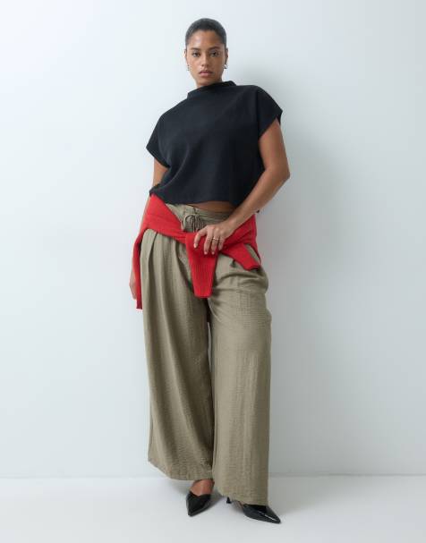 ASOS DESIGN Curve broek met textuur en wijde pijpen met strikceintuur in kaki - view 1