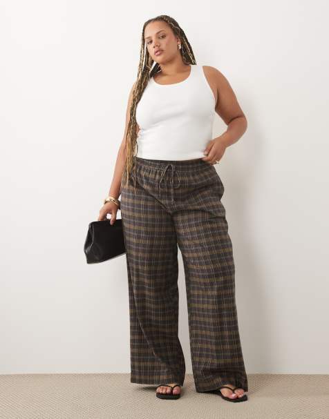 ASOS DESIGN Curve broek met wassing en ruit in bruin - view 1