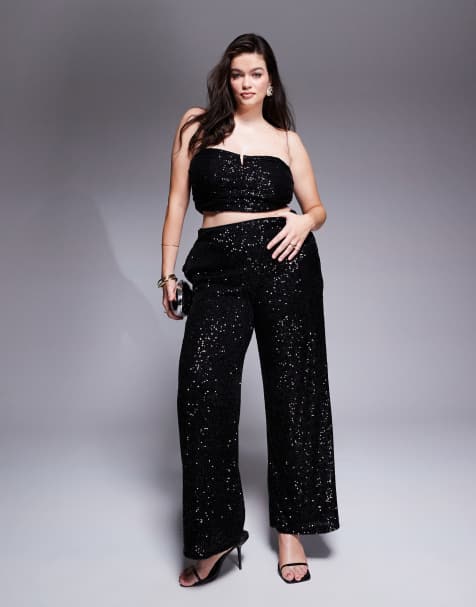 ASOS DESIGN Curve - Broek met wijde pijpen en lovertjes in zwart, deel van co-ord set - view 1