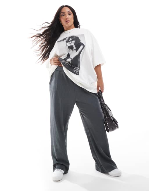 ASOS DESIGN Curve - Broek met wijde pijpen en wafelstructuur in antracietgrijs met wassing