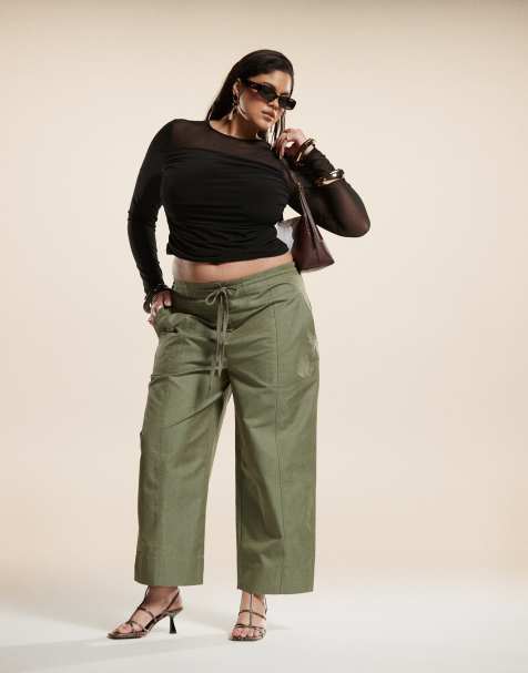 ASOS DESIGN Curve - Broek met wijde ronde pijpen en naaddetail in kaki - view 1