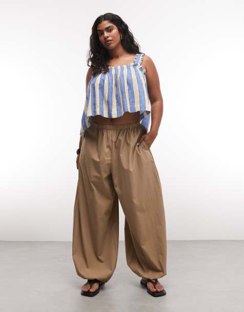 ASOS DESIGN Curve - Broek van katoen en nylon met elastische taille en ballonpijpen in lichtbruin - view 1