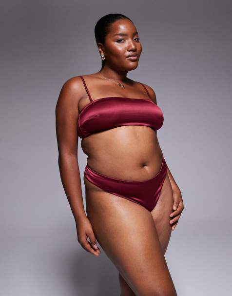 ASOS DESIGN Curve Brooke clean satin and mesh high leg thong in burgundy