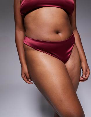 Asos Curve Asos Design Curve Brooke Clean Satin And Mesh High Leg Thong In Burgundy